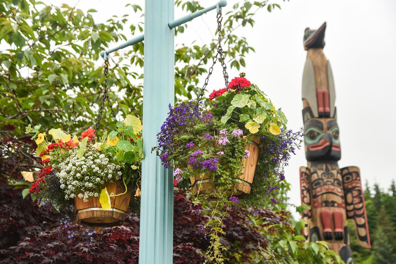 Flower baskets and Totem Pole